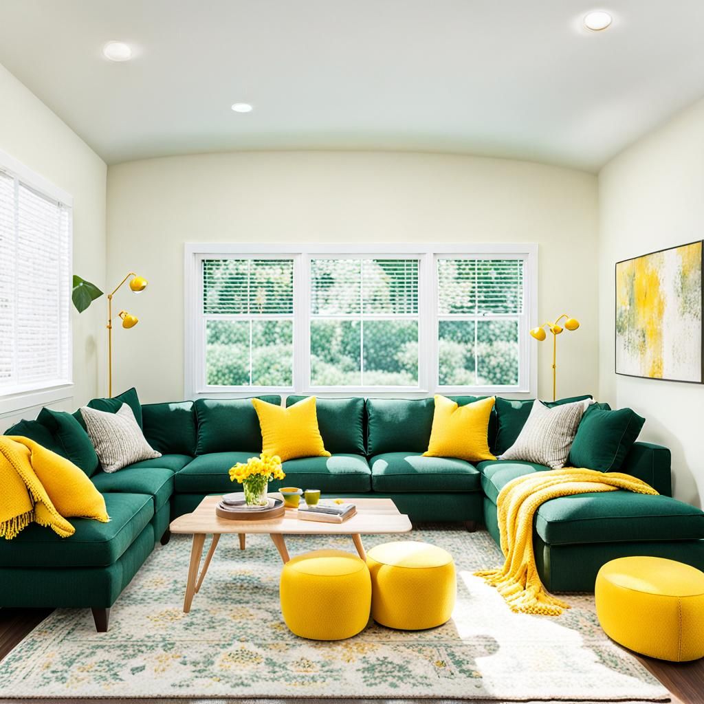 Living Room with Dark Green Couch and Yellow Pillows