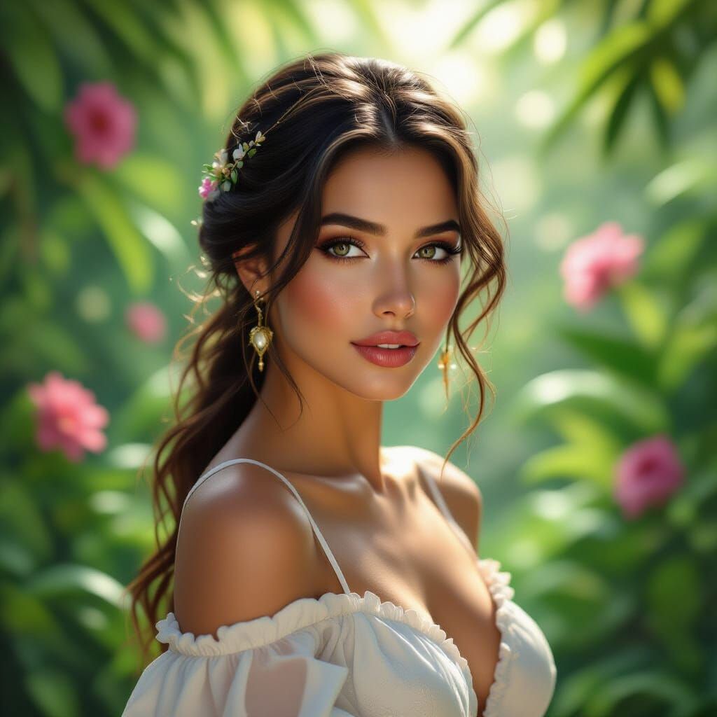 Hyperrealistic Portrait of a Woman in a Vibrant Garden