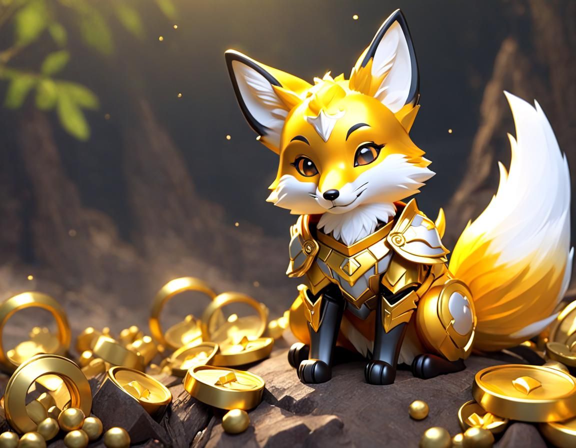Golden Chibi Fox with Gold Armor in Graffiti Art Style