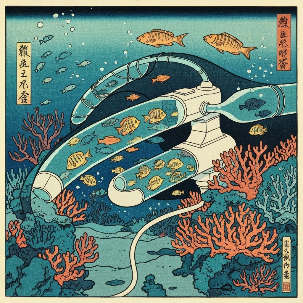 Underwater Japanese Woodblock Print of a Reef Monitoring Sta...