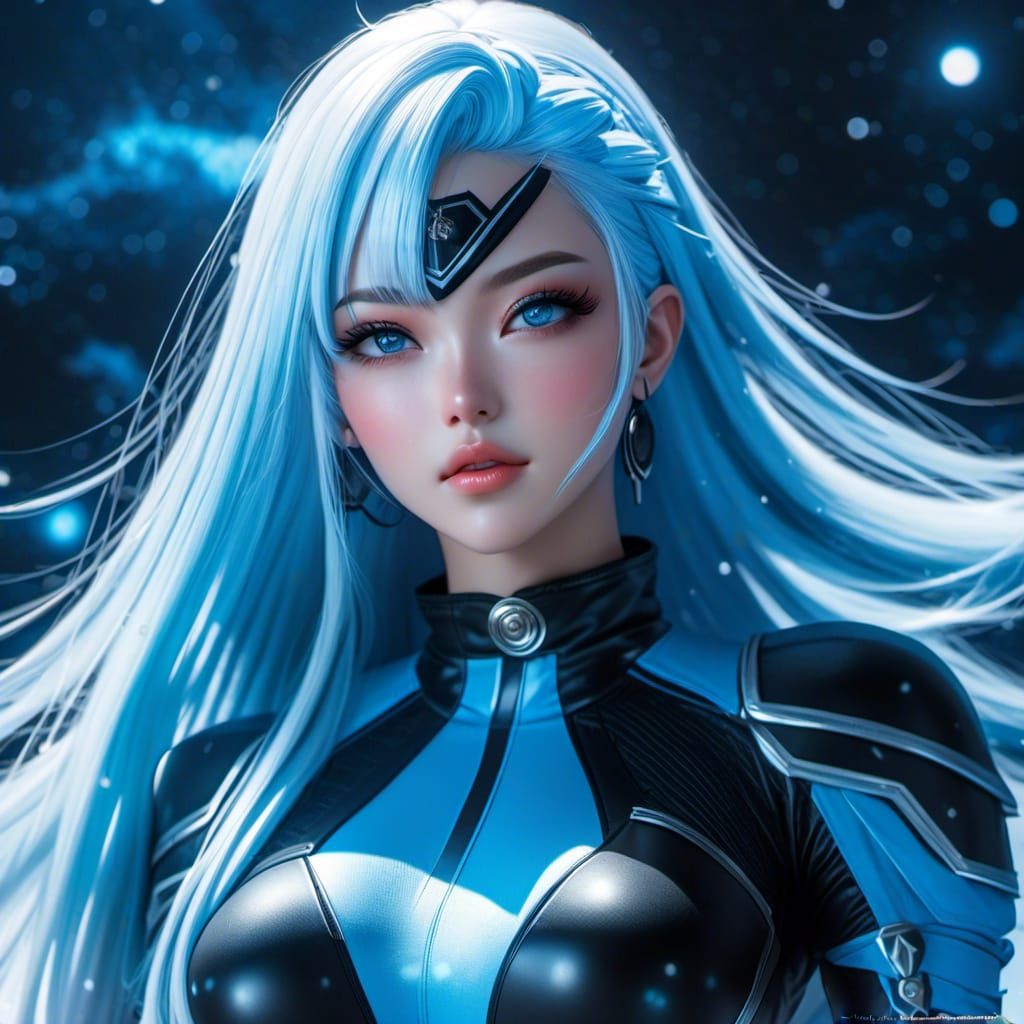 Nebula Drifter: Woman with Blue Hair in Space