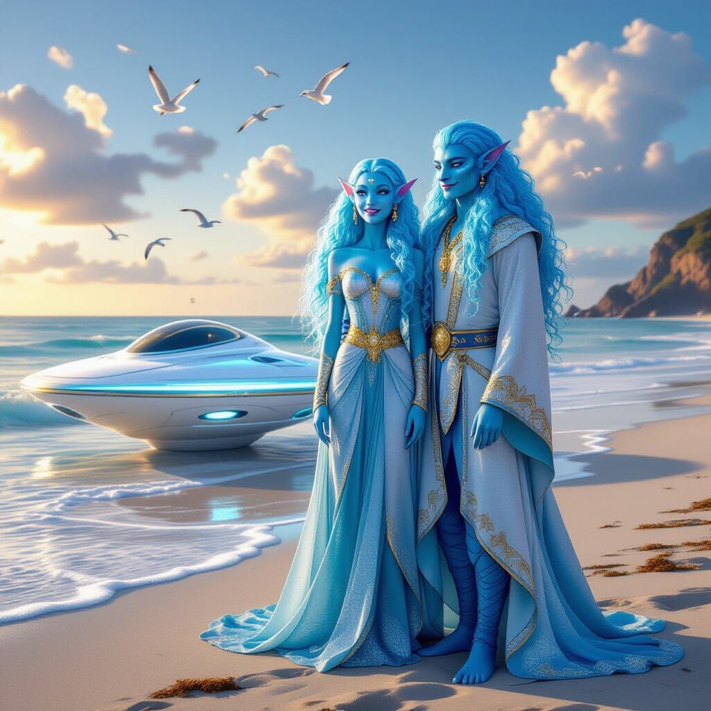 Smiling Alien Couple on a Beach at Dawn