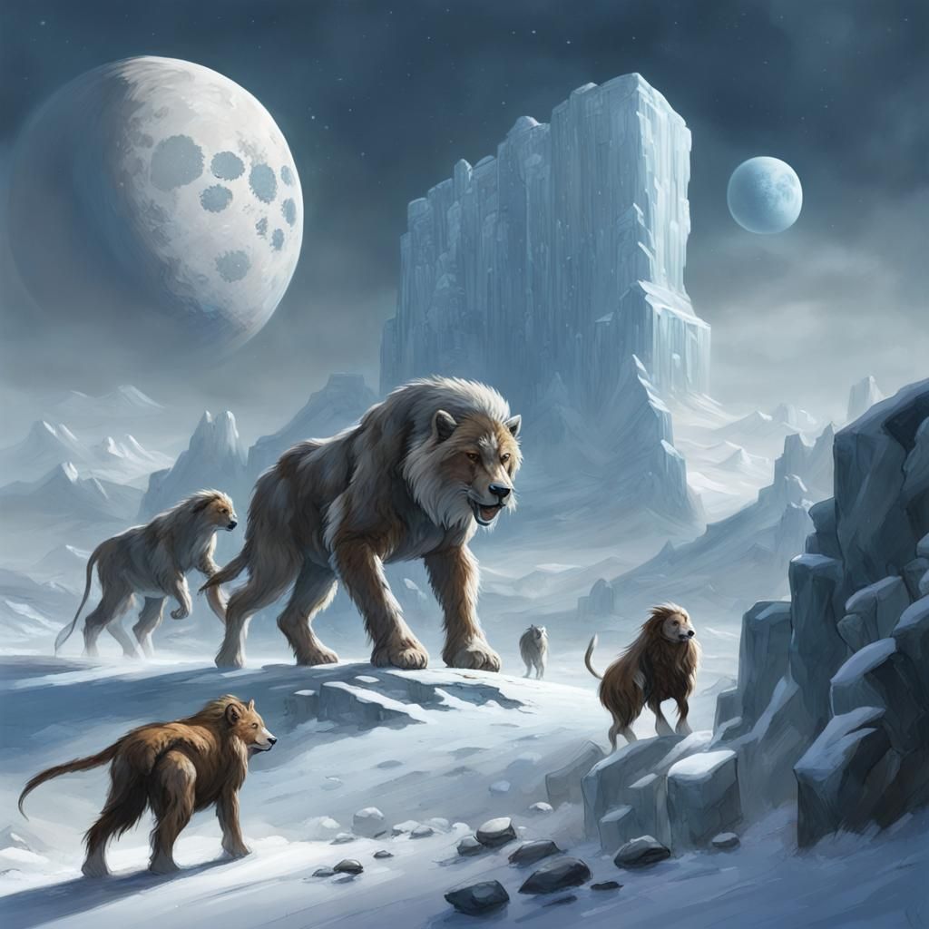 Frosty Ice Planet with Dual Moons and Sabre Tooth