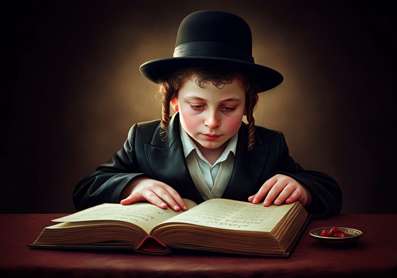 Hasidic Boy Reading, Detailed Portrait Art