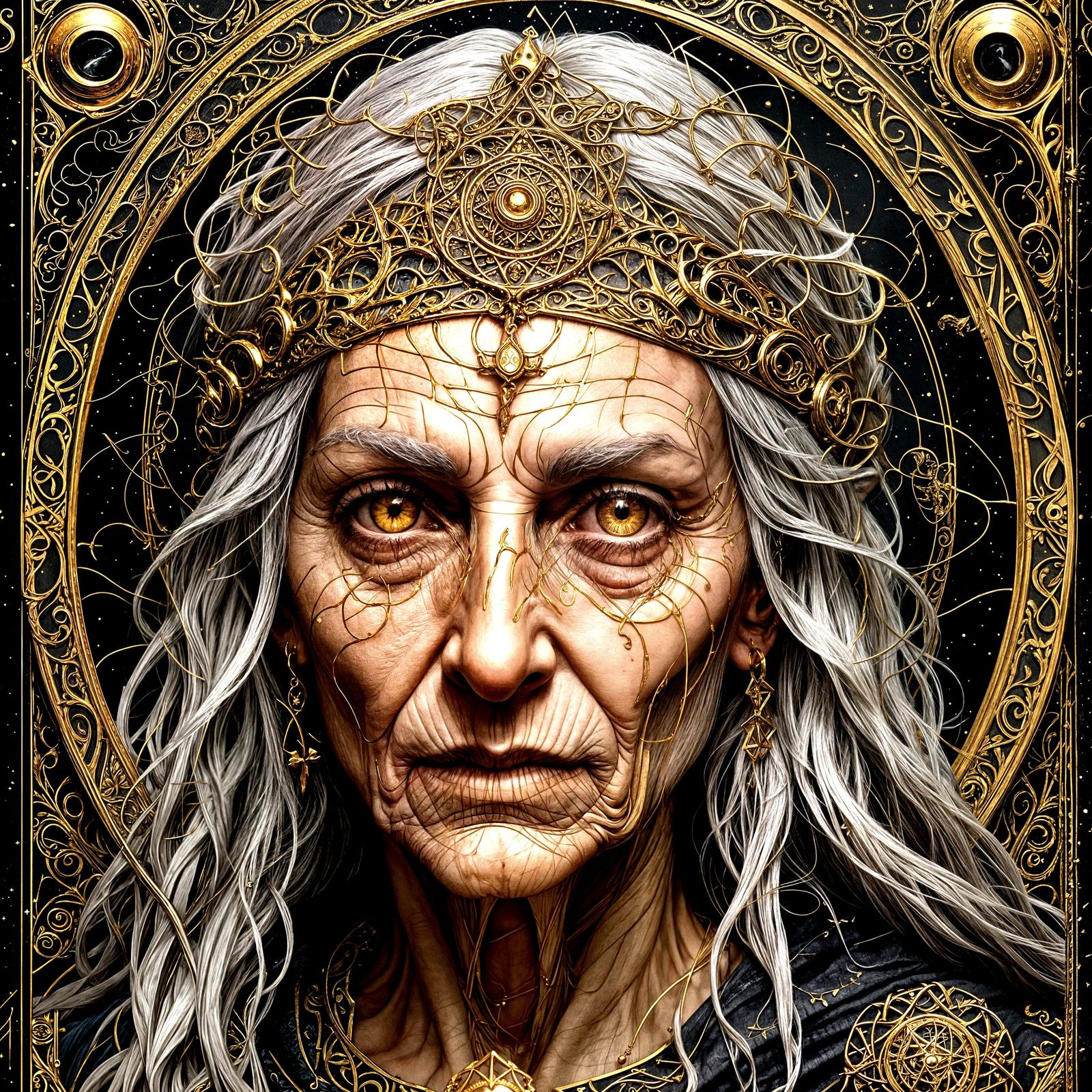 A gold trimmed Tarot Card featuring the old crone on the car...