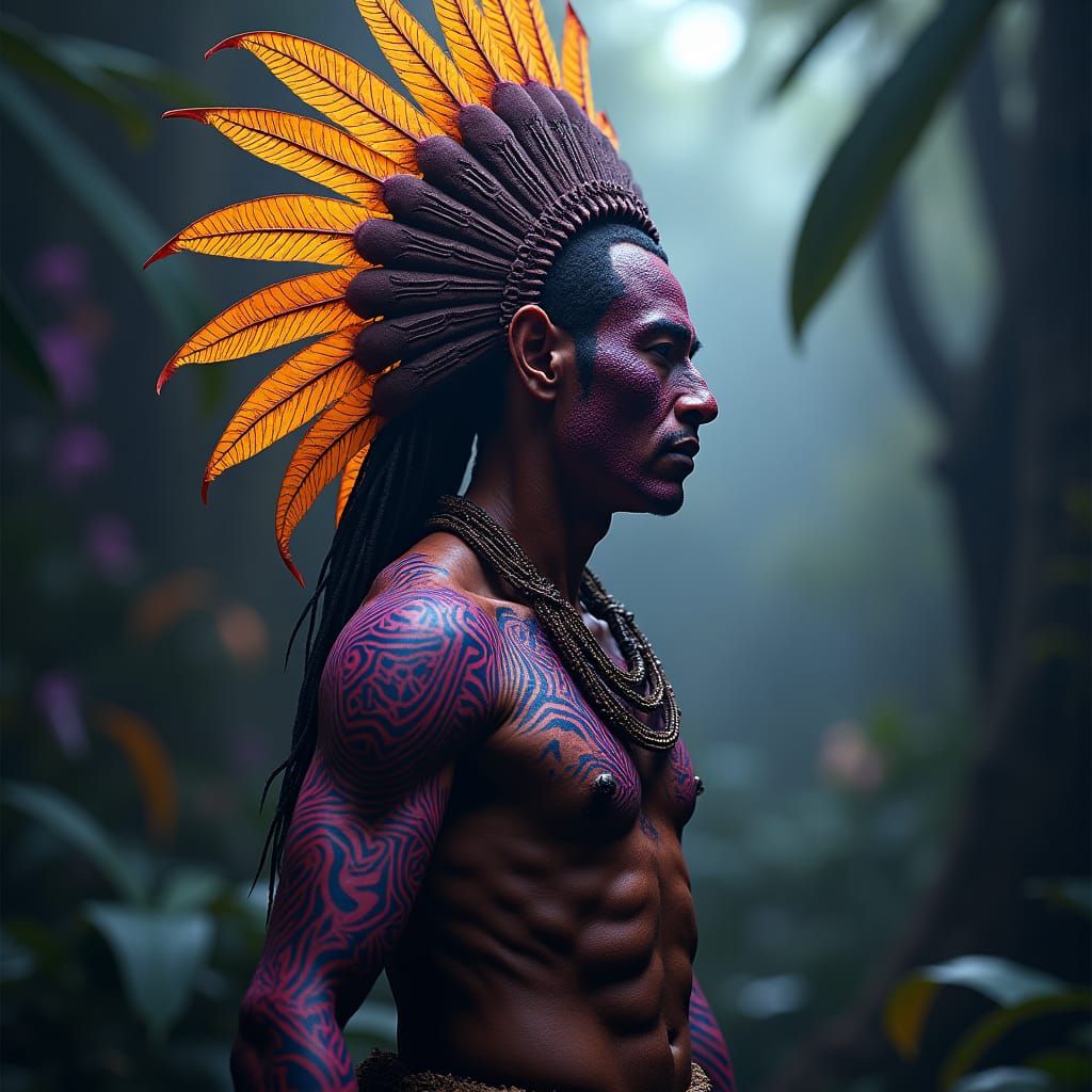 Mystical Papua New Guinea Warrior in Art Nouveau Style