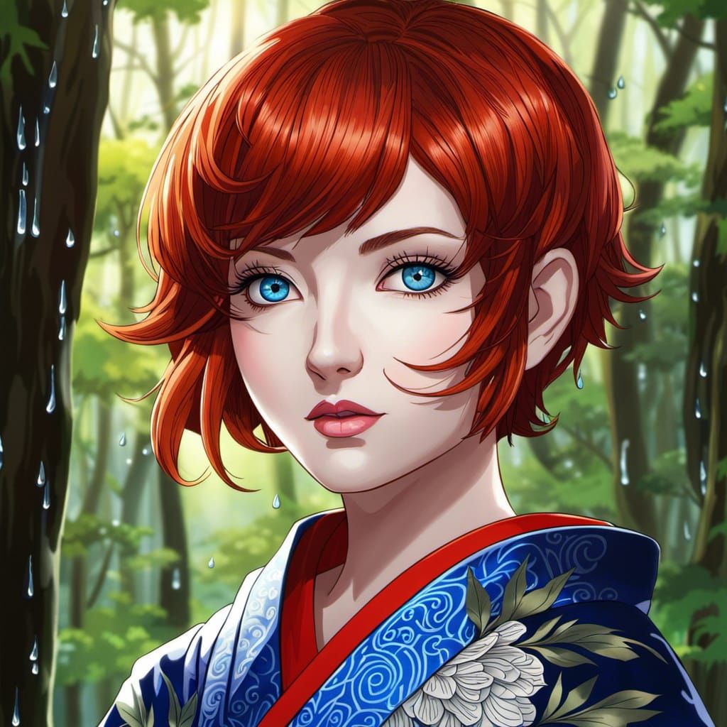 Anime Portrait: Red-Haired Woman in Kimono