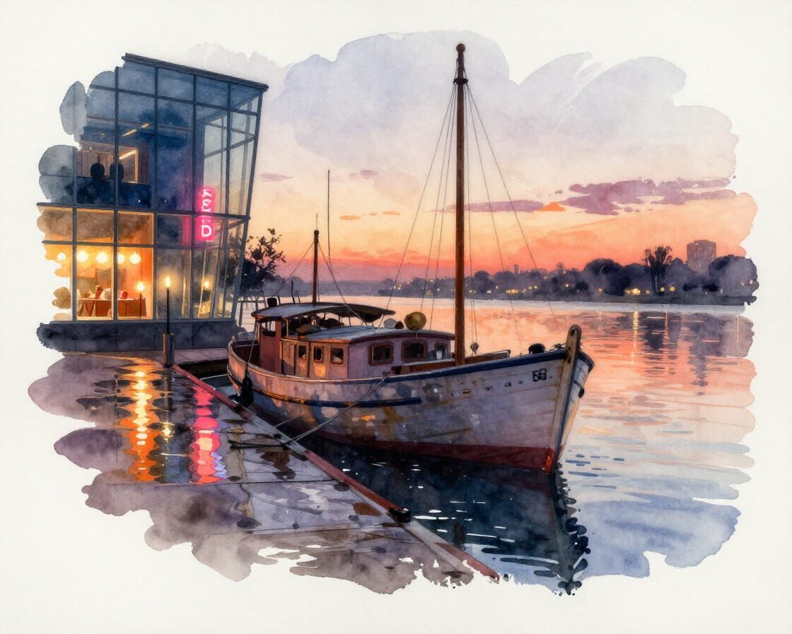 Old Boat Dock Reflecting Sunset in Watercolour Style