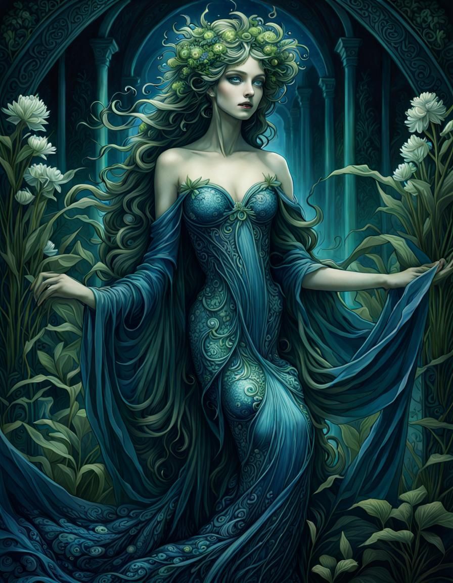 Enchanting Nymph with Water Plant Gown