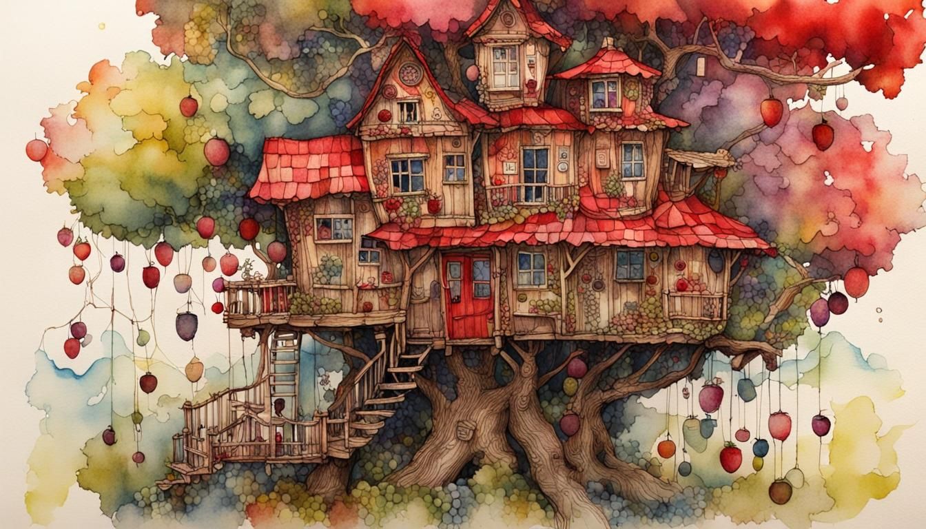 Grape Treehouse in Watercolor Style