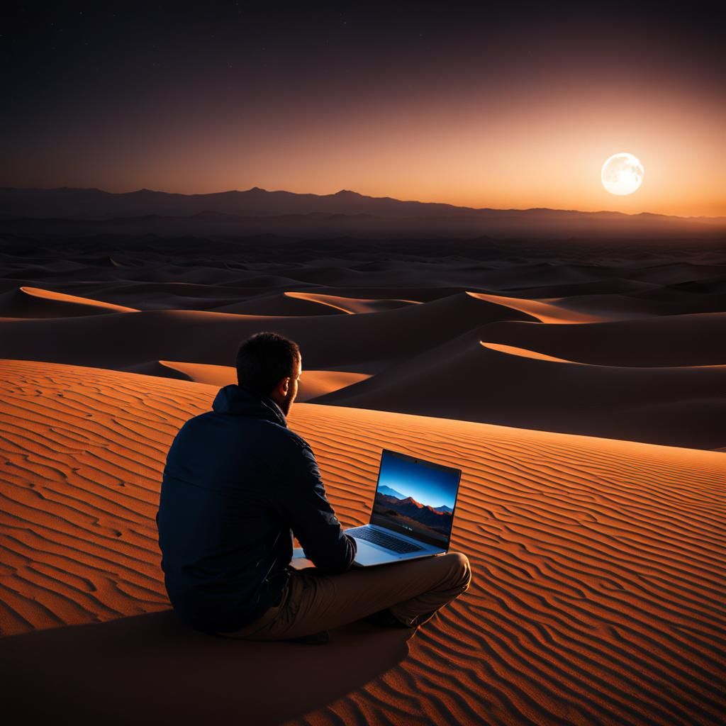 Desert Night Work: Man with Laptop