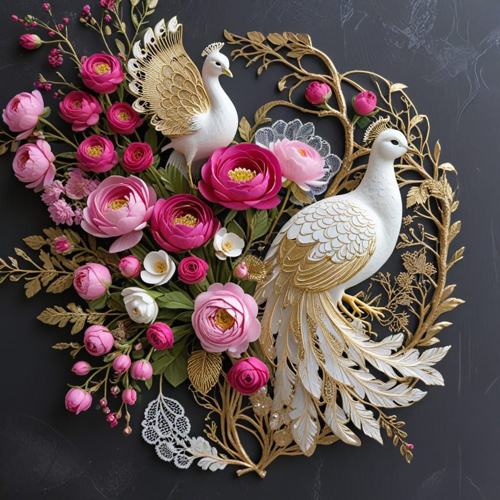 Regal Peacock Meets Otter in a Garden of Vibrant Blooms