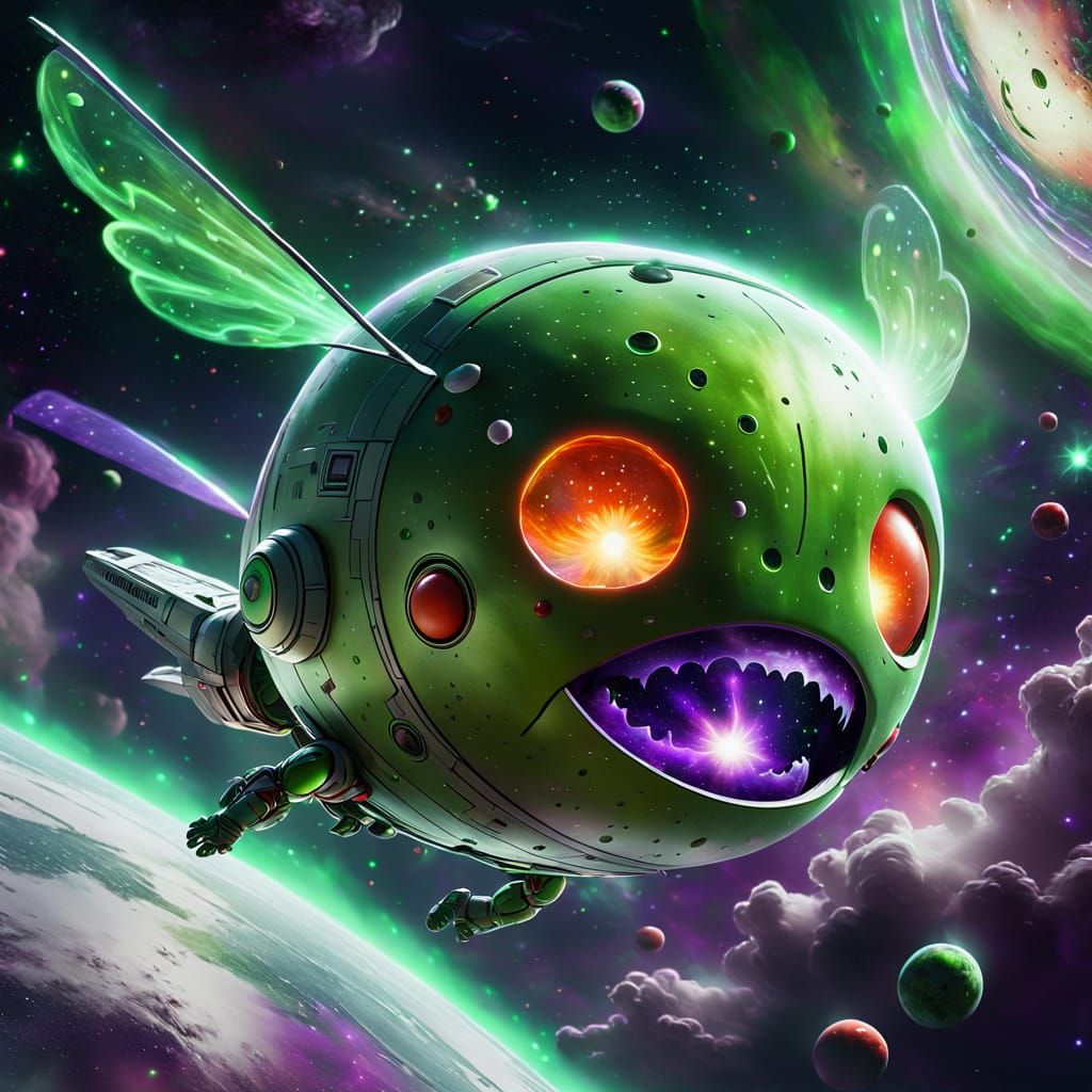 Tomatohead Flies Through Space Amidst Nebula