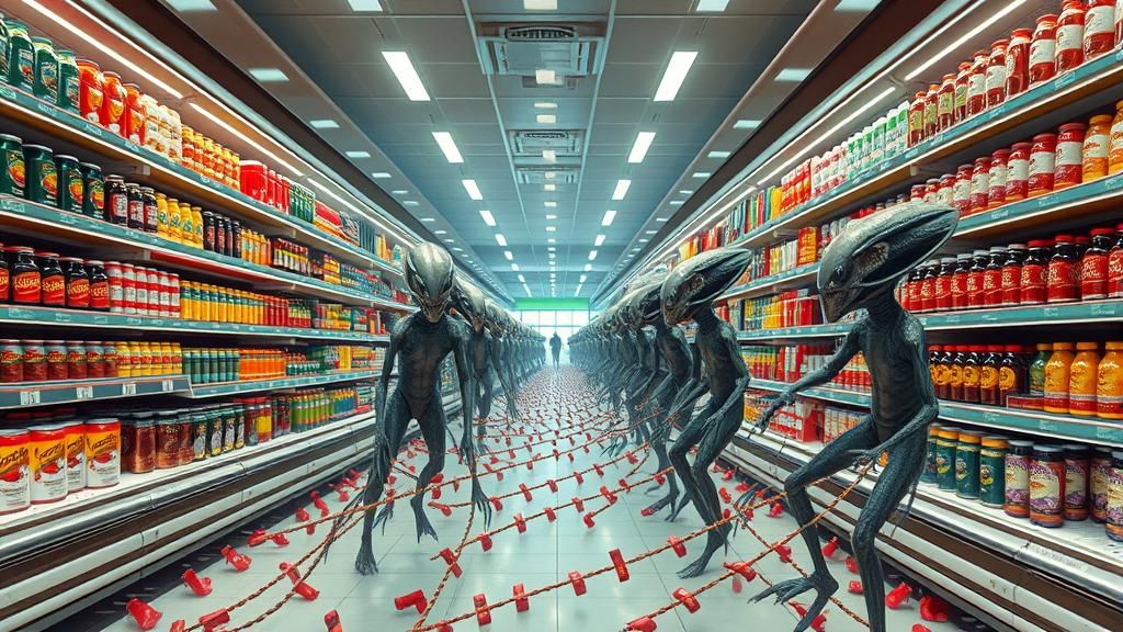 Surreal Grocery Store Eruption Inspired by Varo and Bekzinsk...