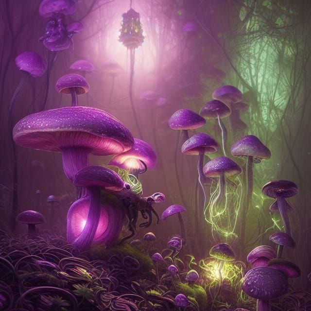 Glowing Purple Mushrooms in Hyperdetailed Concept Art