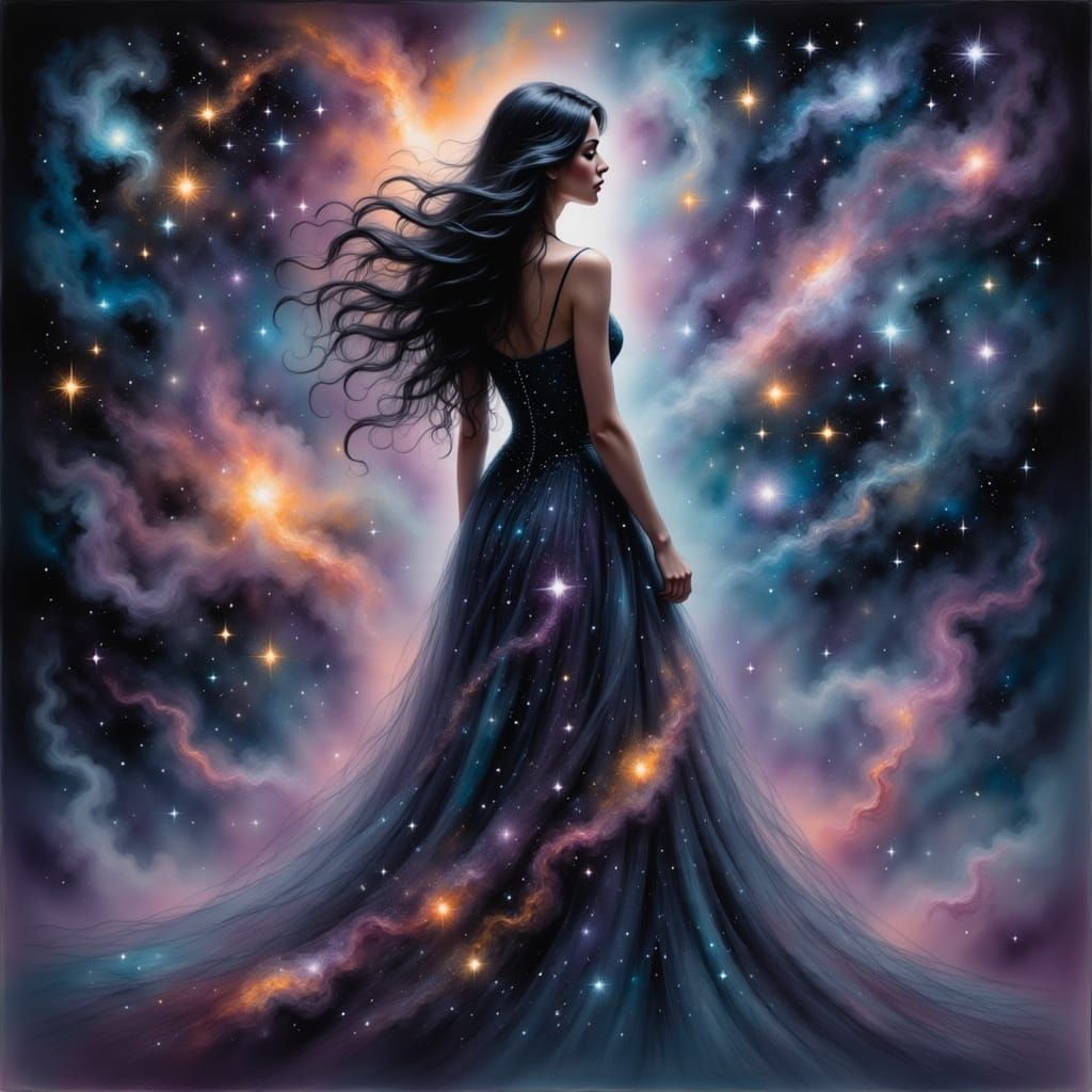Ethereal Woman Unites with Cosmic Beauty in Celestial Harmon...
