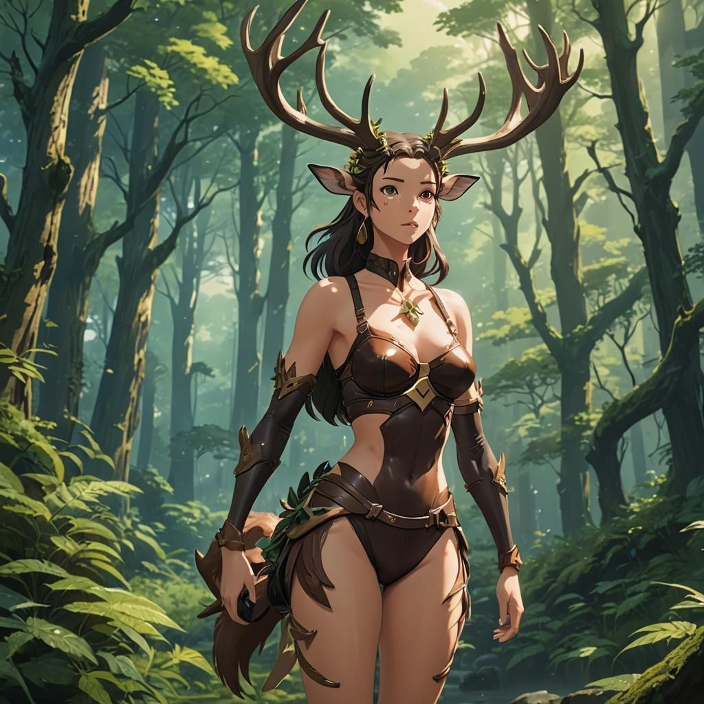 Deer Centaur in Anime Style Forest