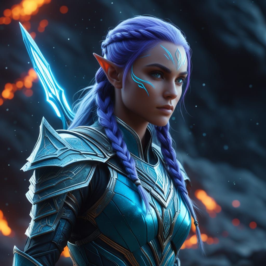 Hyperrealistic Sci-Fi Elf in Vibrant Combat Armor