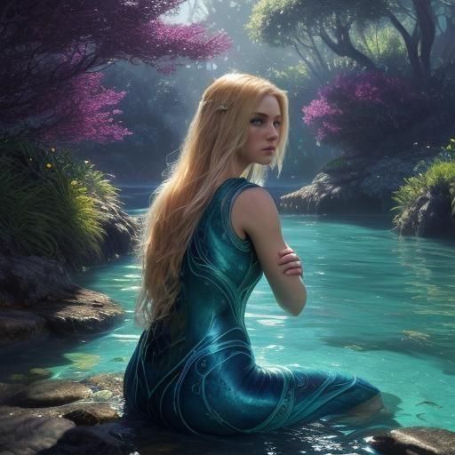 Blonde Woman in Water: Detailed Matte Painting