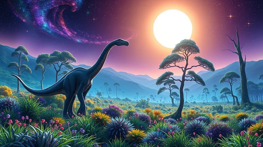 Surreal Prehistoric Landscape with Bioluminescent Plants and...