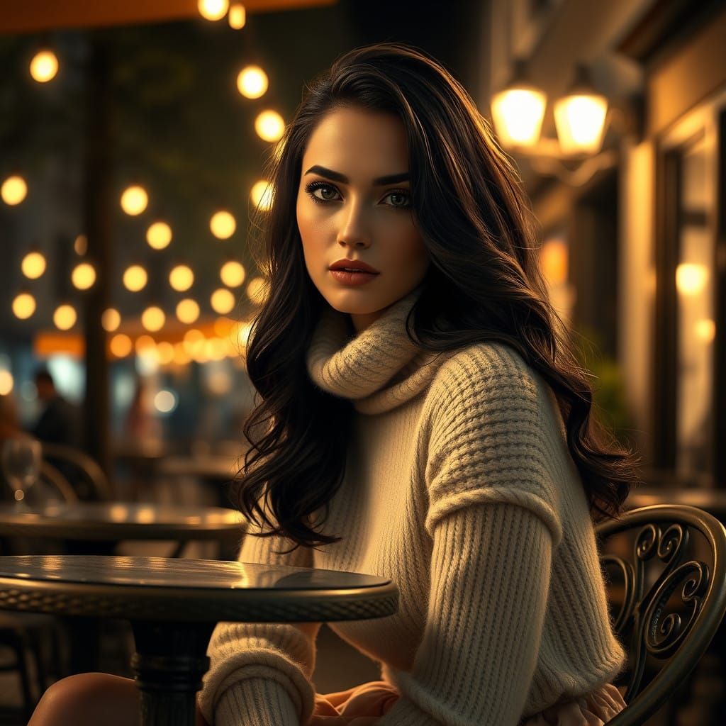 Ethereal Woman in Cream Sweater and Pleated Skirt, Dimly Lit...