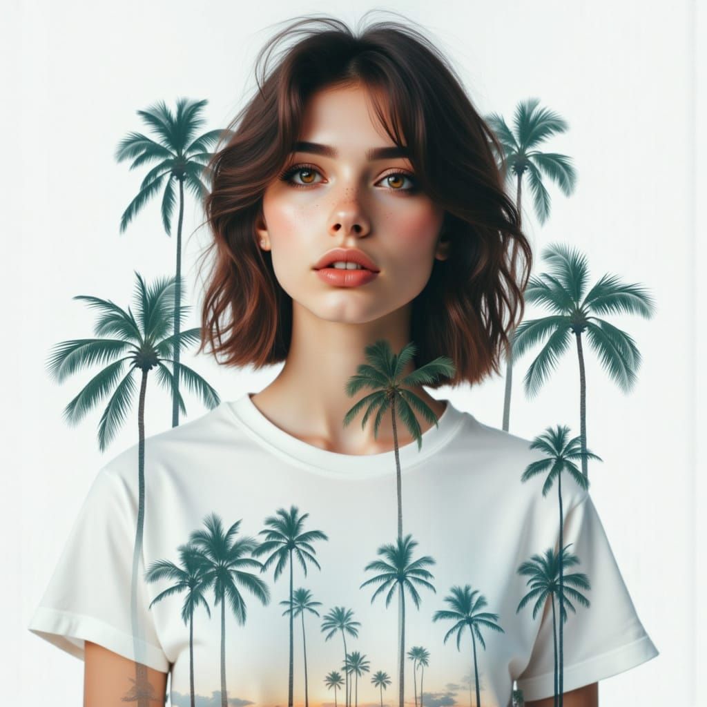 Woman Merged with Tropical Paradise Double Exposure