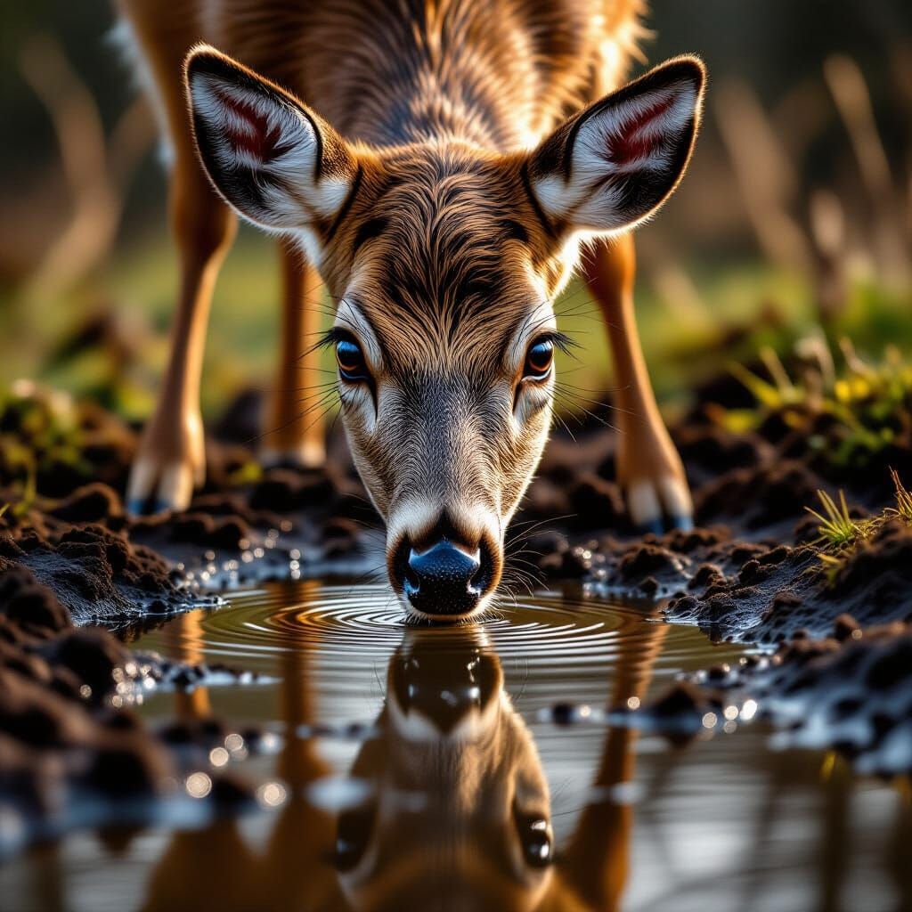 Hyperrealistic Deer Drinking from Mud Puddle with Reflection