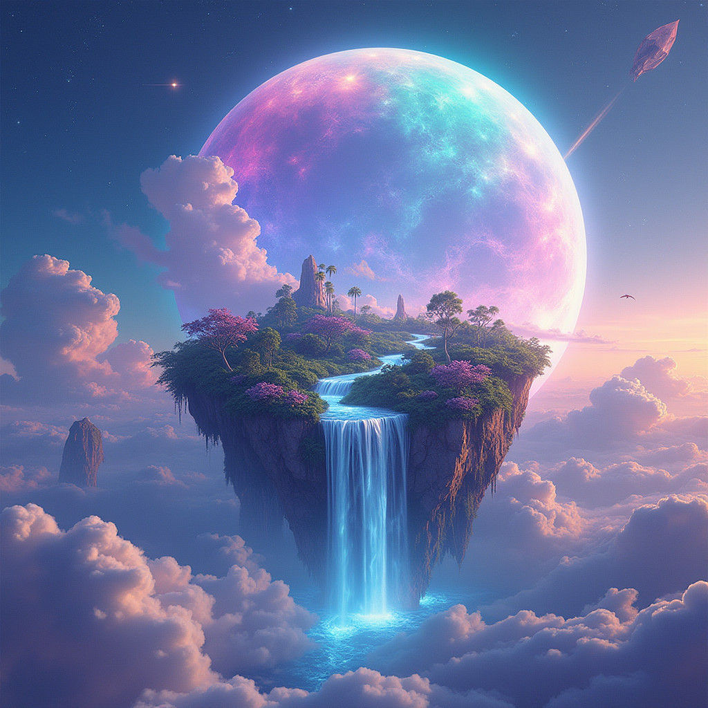 Iridescent Planet with Crystalline Islands and Aurora Skies