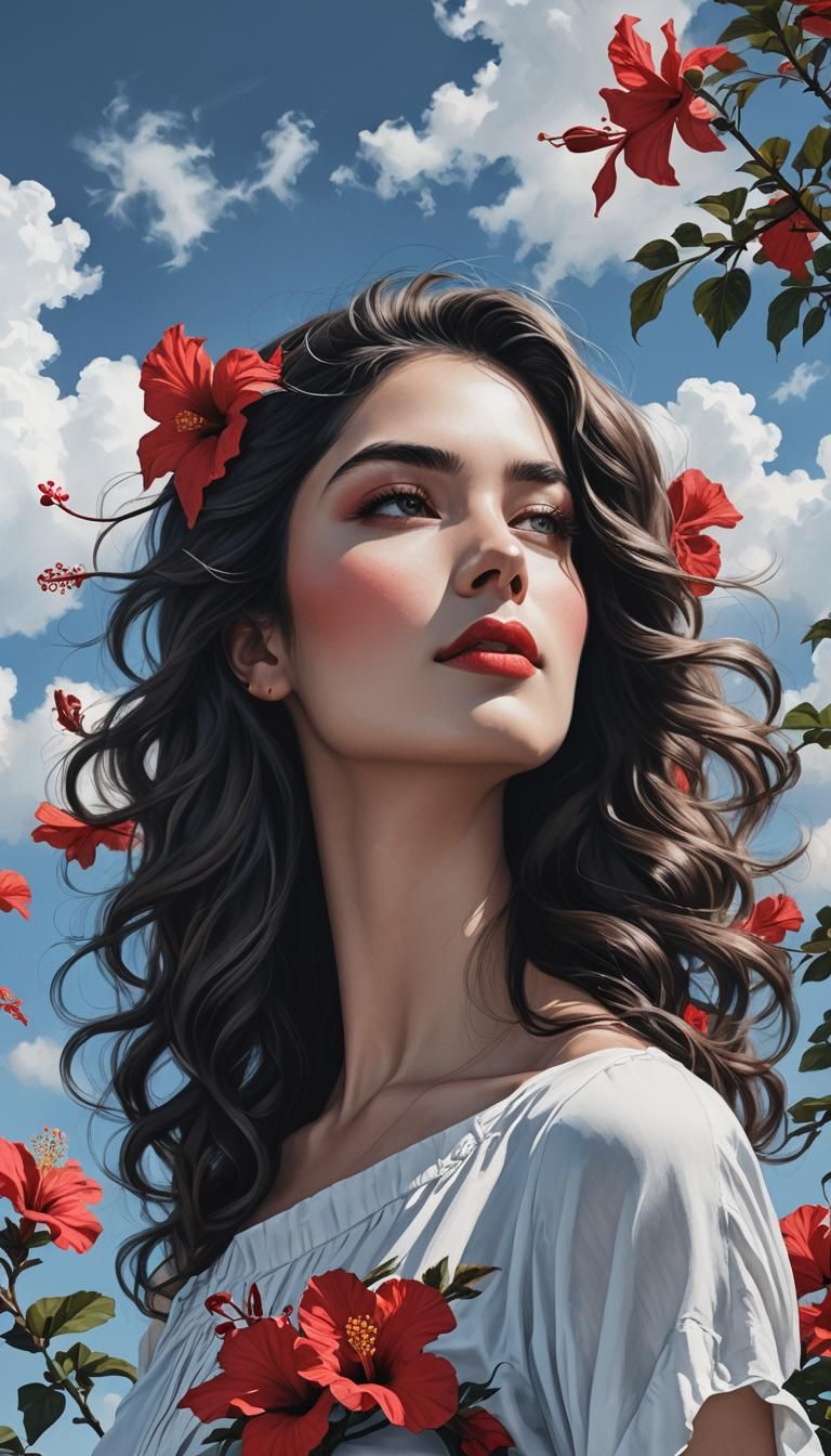 Beautiful Woman in Desert Landscape, Charcoal Art