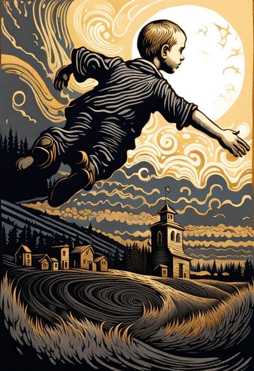 Disturbing Woodcut of Flying Child in Decaying Town