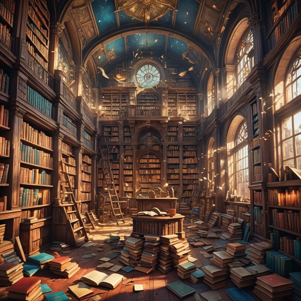 Whimsical Surreal Library with Countless Books