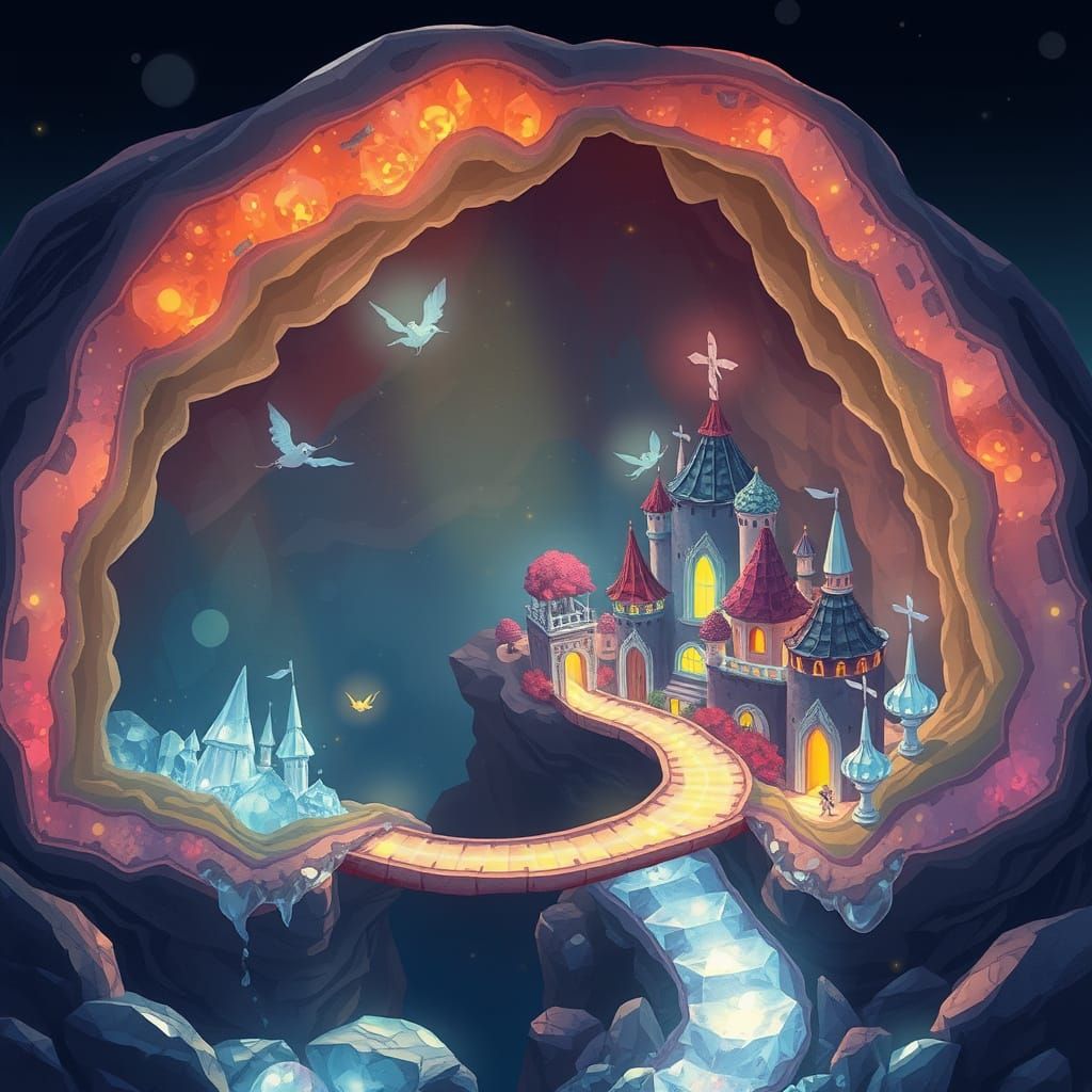 Glowing Geode City Connected by Rainbow Bridge