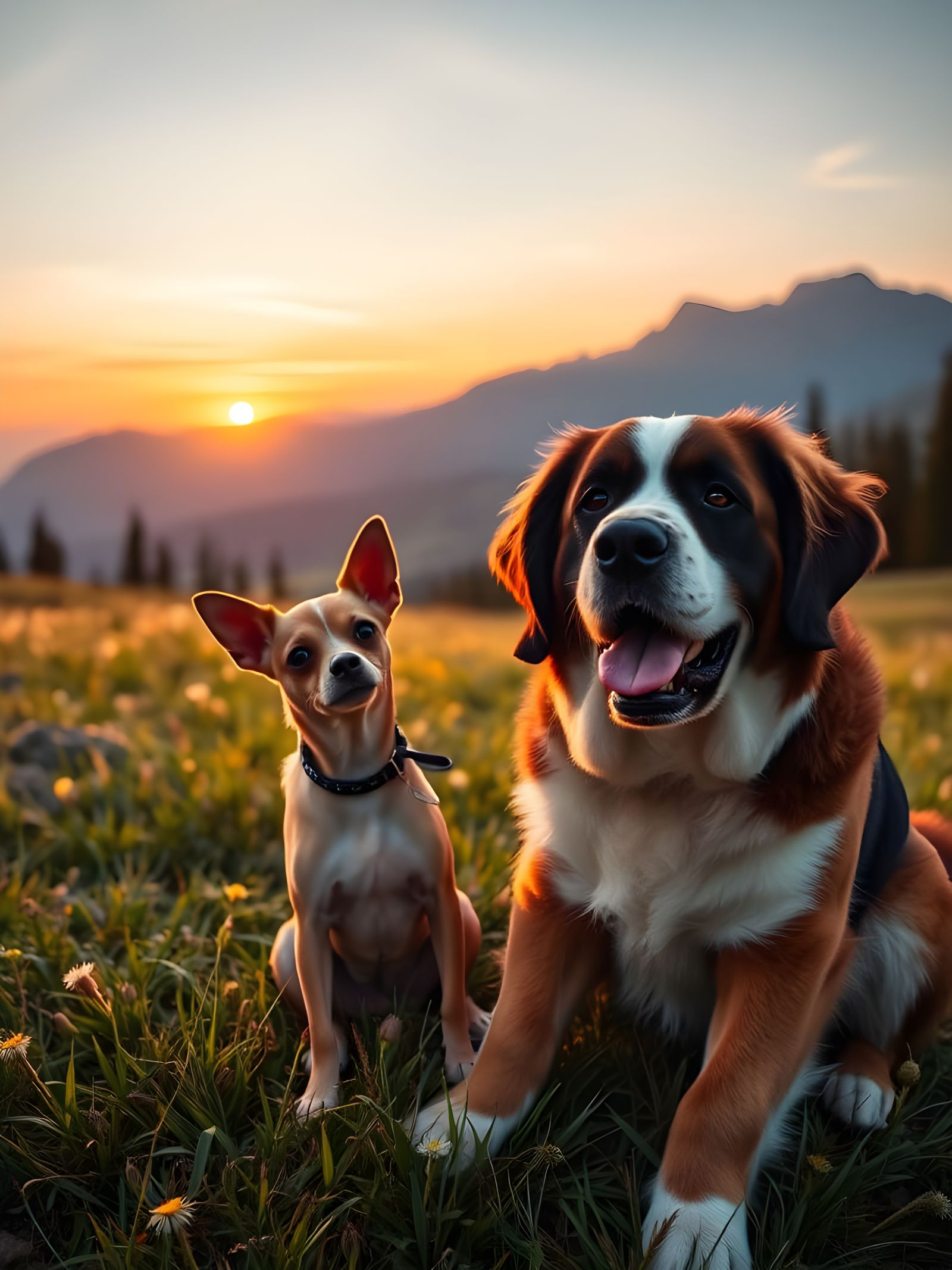 Chihuahua and St. Bernard in a Sunset Mountain Meadow