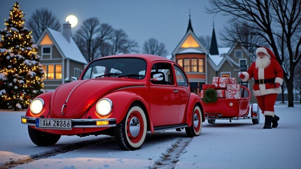 Santa's Bright Red Electric Volkswagen Beetle in Winter Wond...
