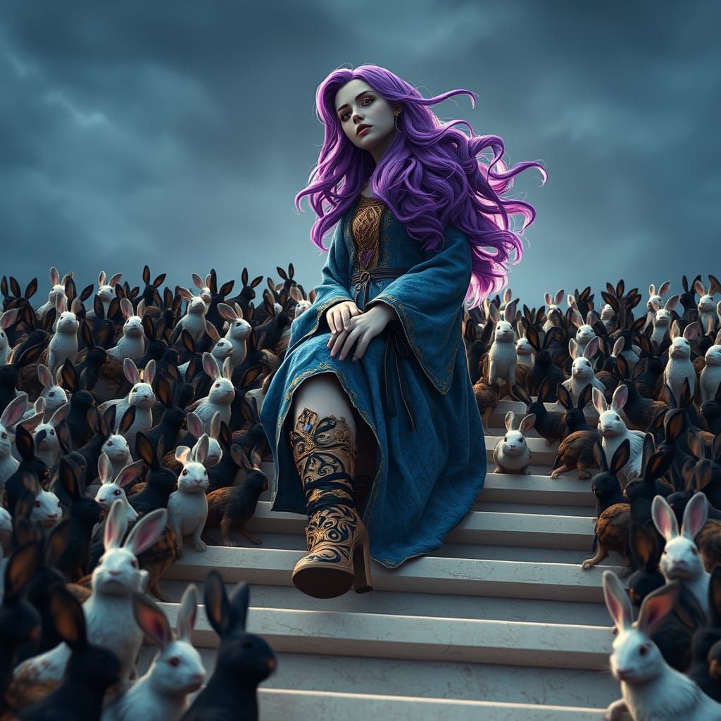 Lady Ascending Ladder with Rabbits, Detailed Digital Art
