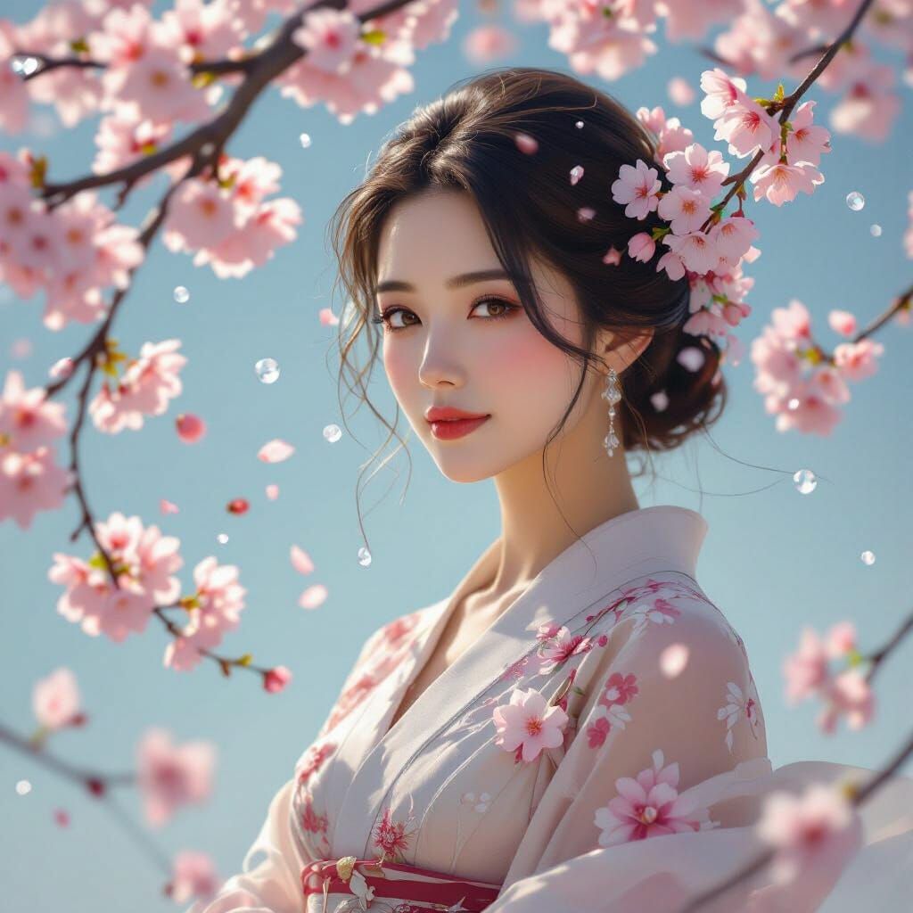 Ethereal Portrait: Woman and Cherry Blossoms in Dreamy Style
