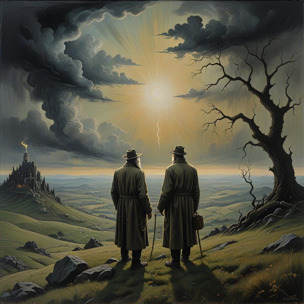 Surreal Deal with God Oil Painting on Ethereal Hill