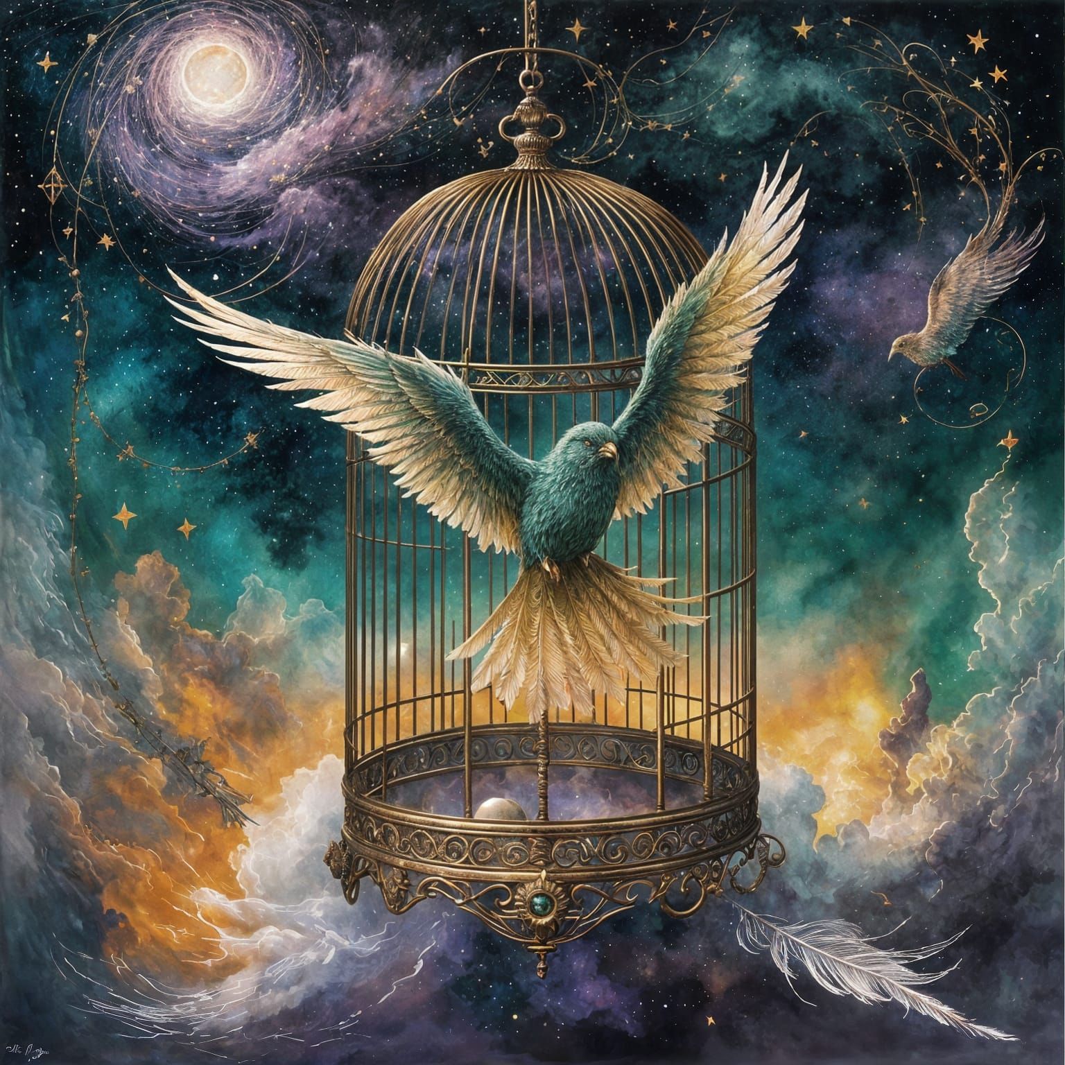 Radiant Bird Escapes Antique Cage in Fiery Mist