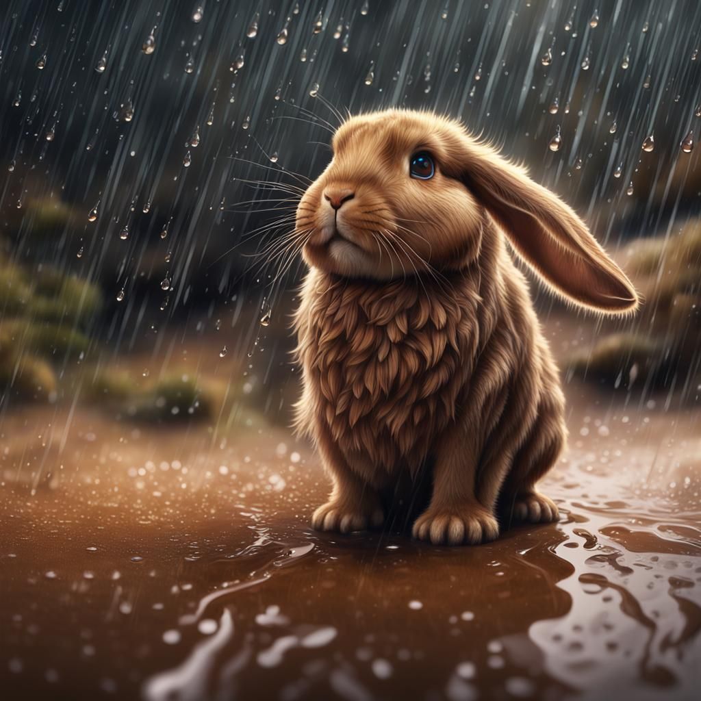 Fluffy Rabbit in Rain: Detailed Digital Painting