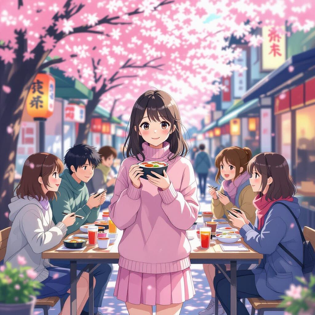 Anime Girl and Friends Enjoying Sushi in Tokyo