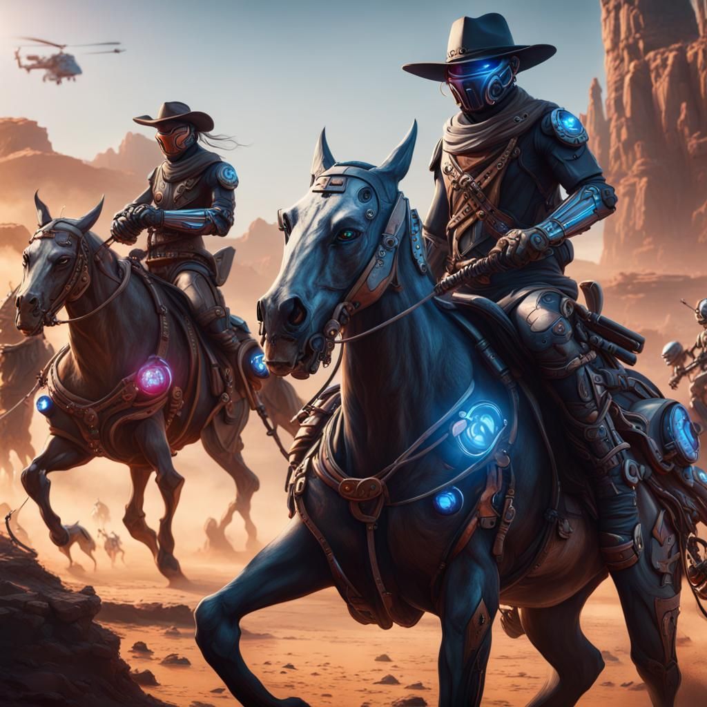 Cyborg Cowboys Versus Cyber Ninjas: Detailed Matte Painting