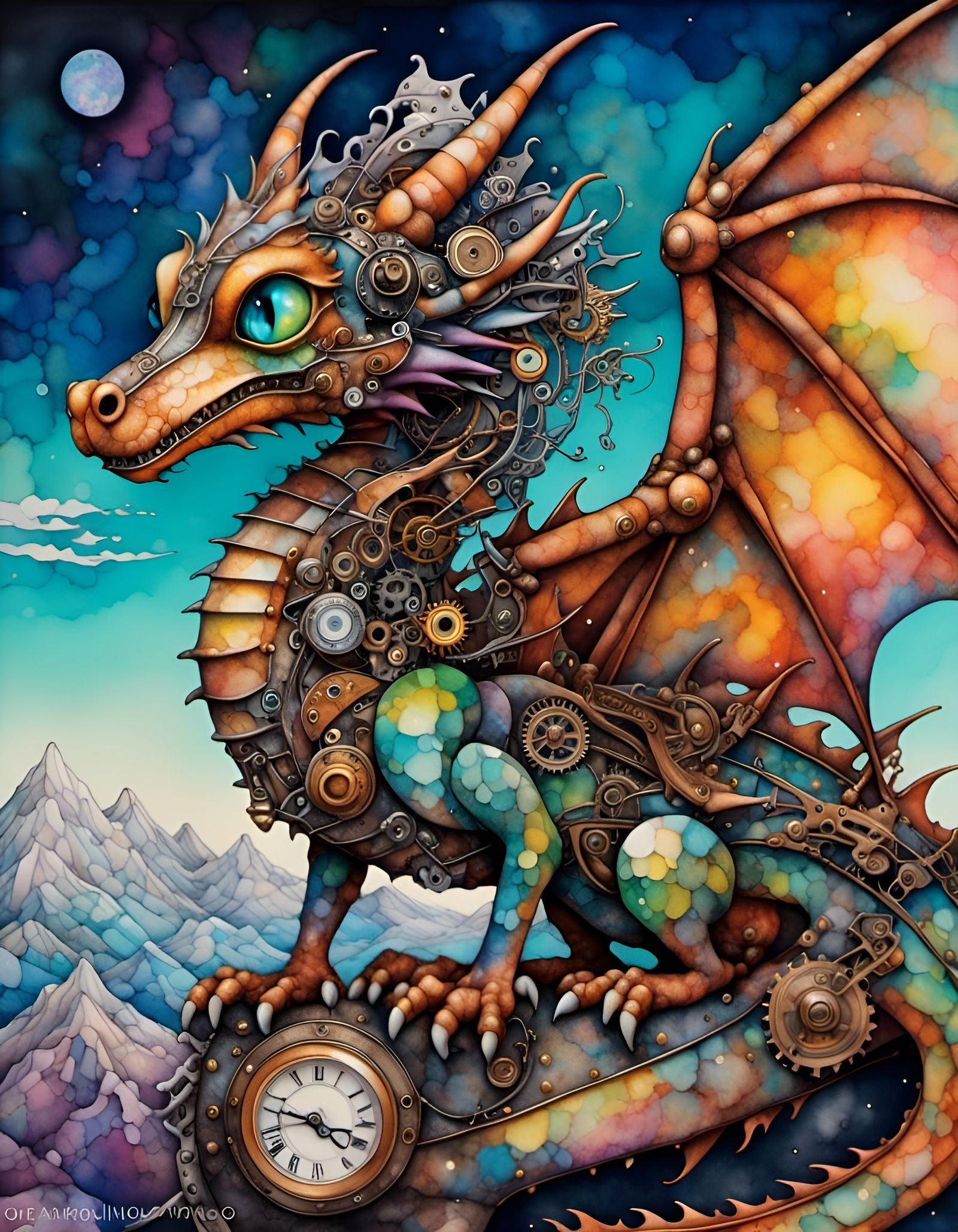 Steampunk Dragon in Alcohol Ink Style