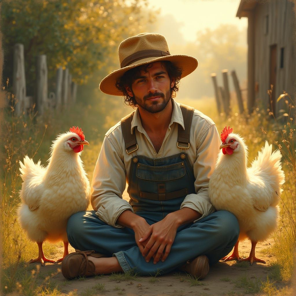 Serenely Seated Farmer Surrounded by Gentle Chickens in a Tr...