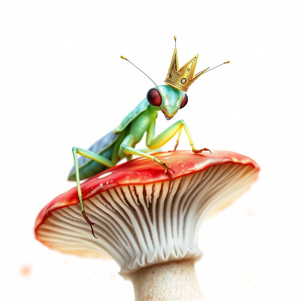 Bioluminescent Mantis King on Mushroom, Watercolor Fantasy
