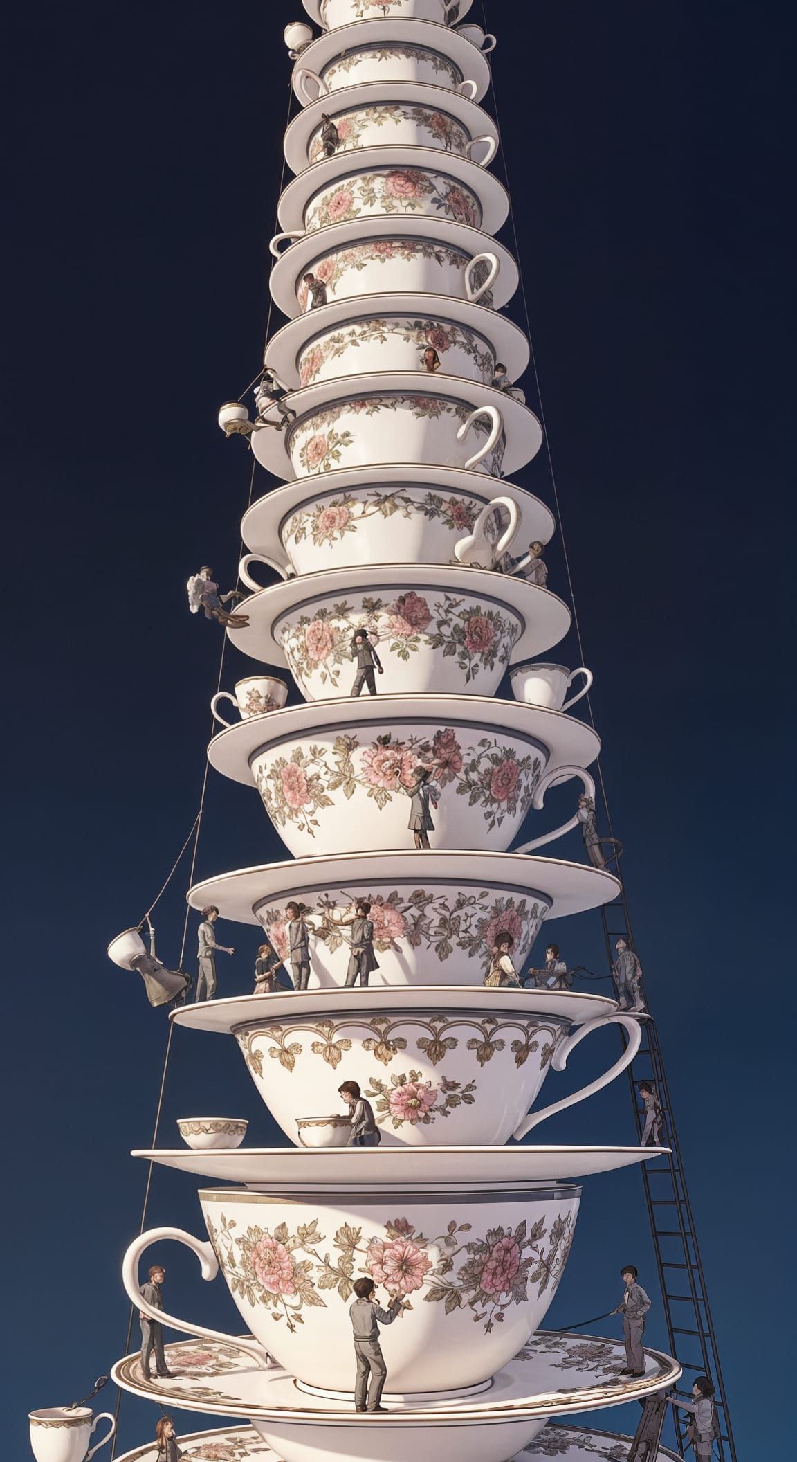 Whimsical Teacup Tower in Manga Scan Style