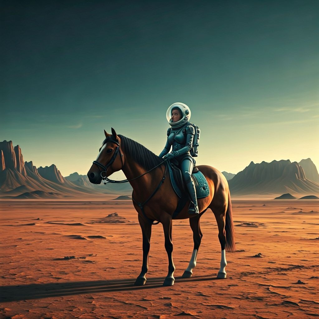 Astronaut on Horse in Barren Sci-Fi Landscape
