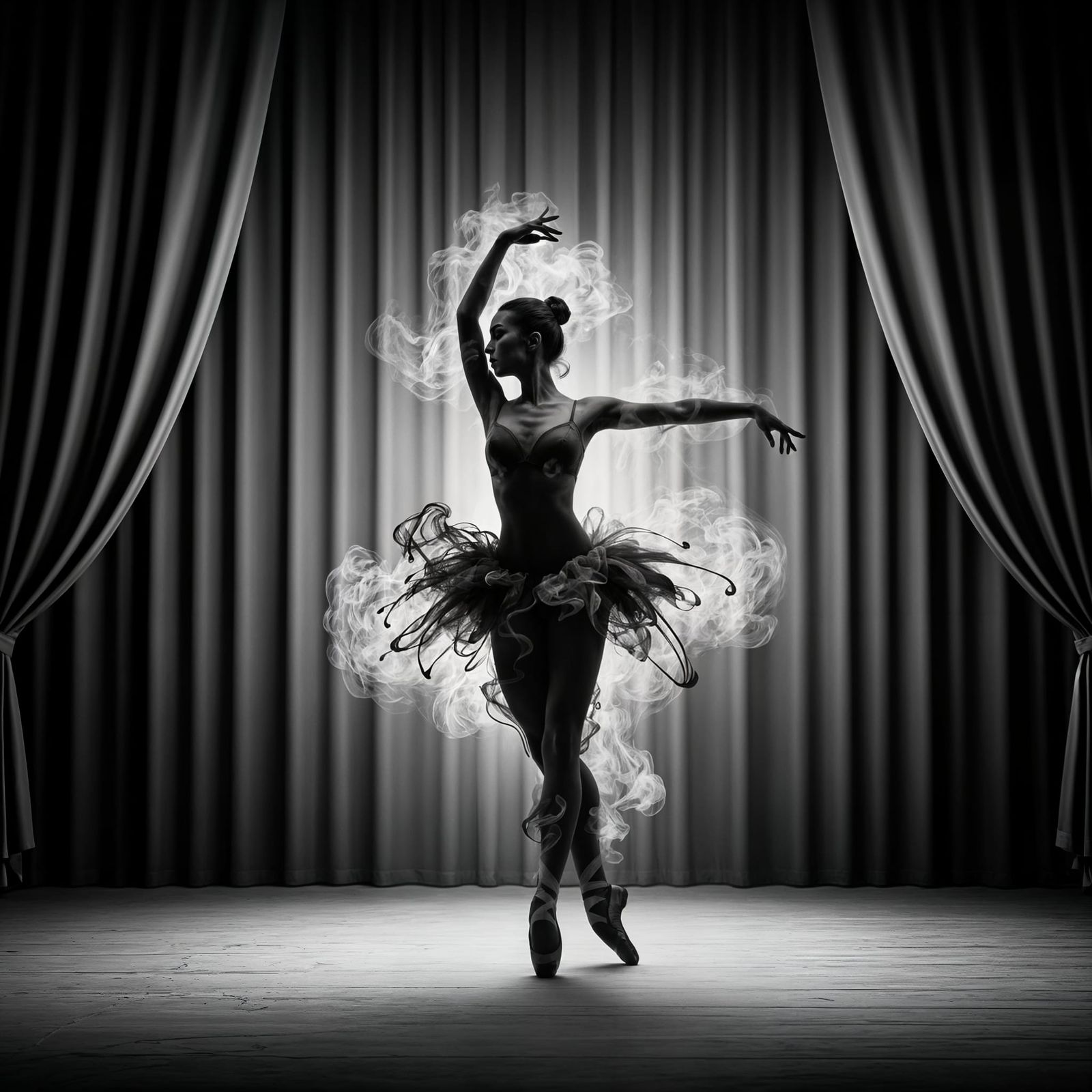 Ballerina Dancing in Abstract Smoke on Stage