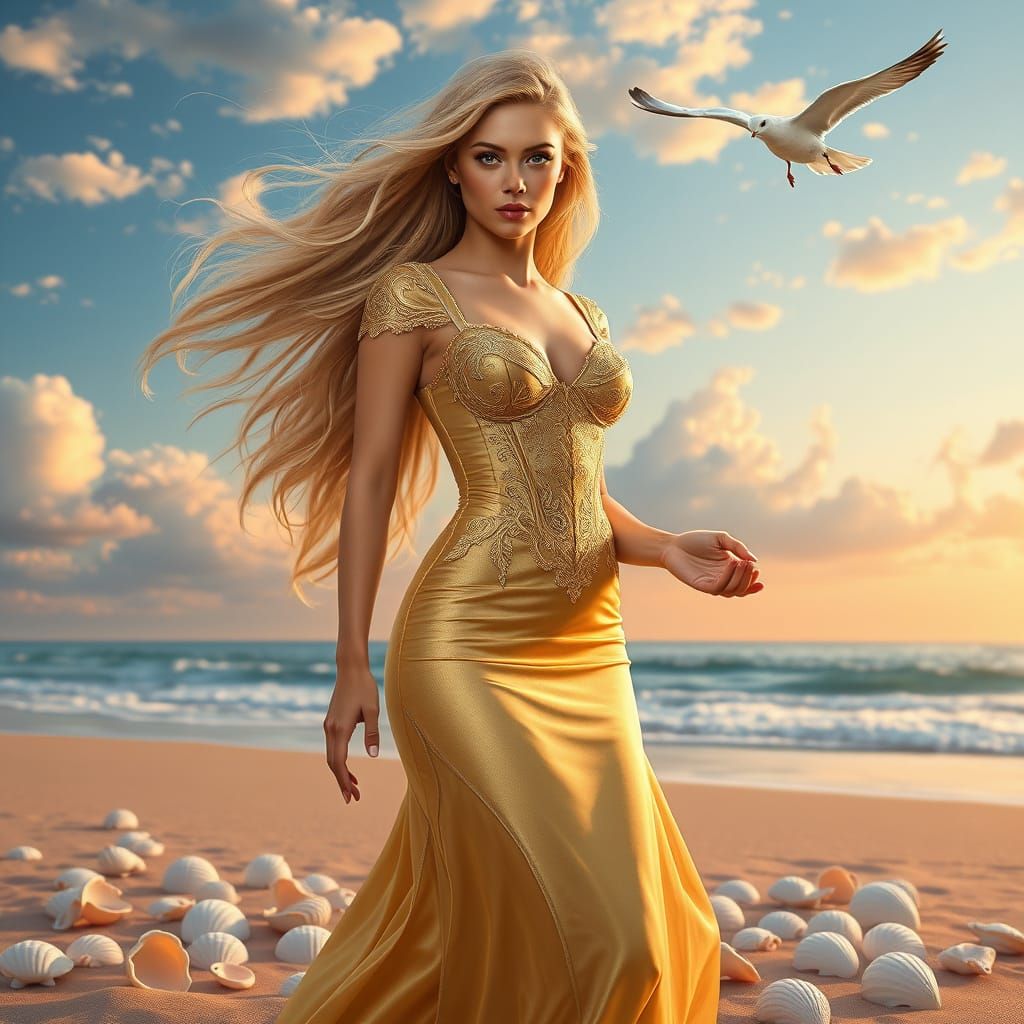 Woman with Flowing Hair on Beach at Sunrise