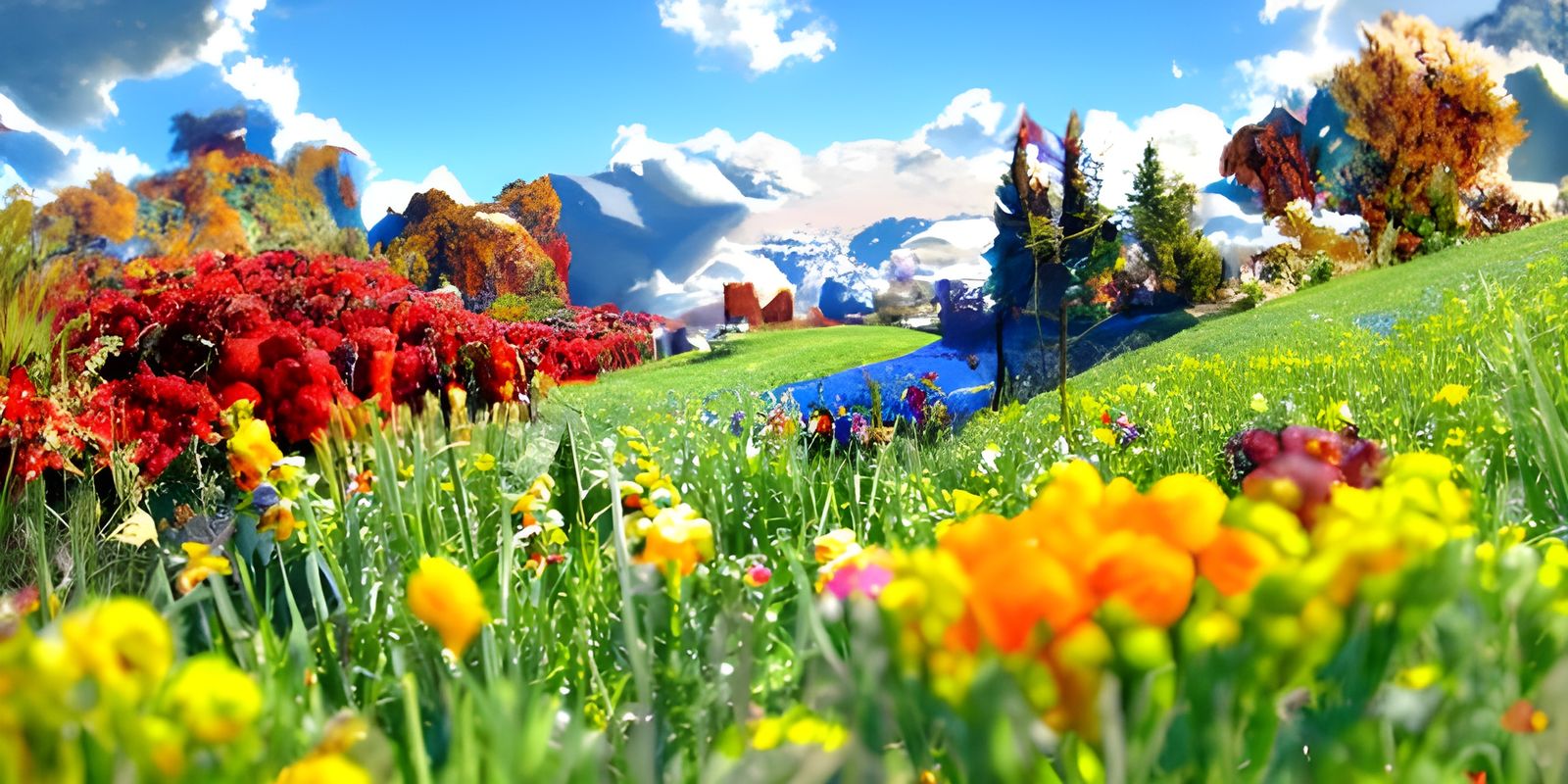 Vibrant Flower Valley Leading to Cloud Kingdom