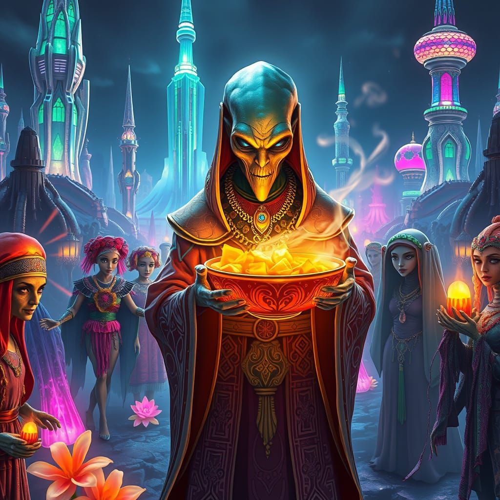 Ancient Alien Celebrates in Neon Cyberpunk City